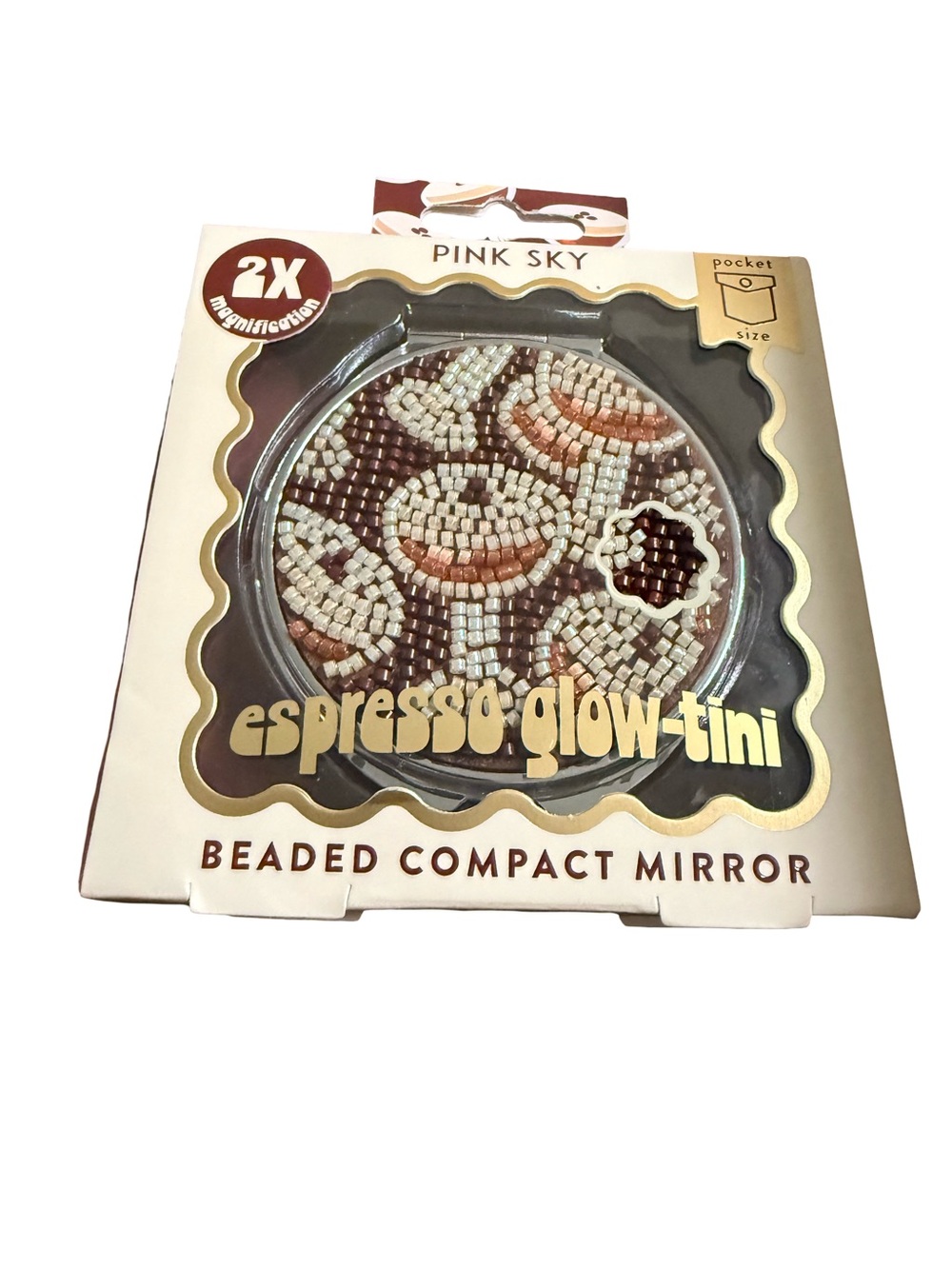 Pink Sky Espresso Glow-Tini Beaded Compact Mirror - Brown & Cream